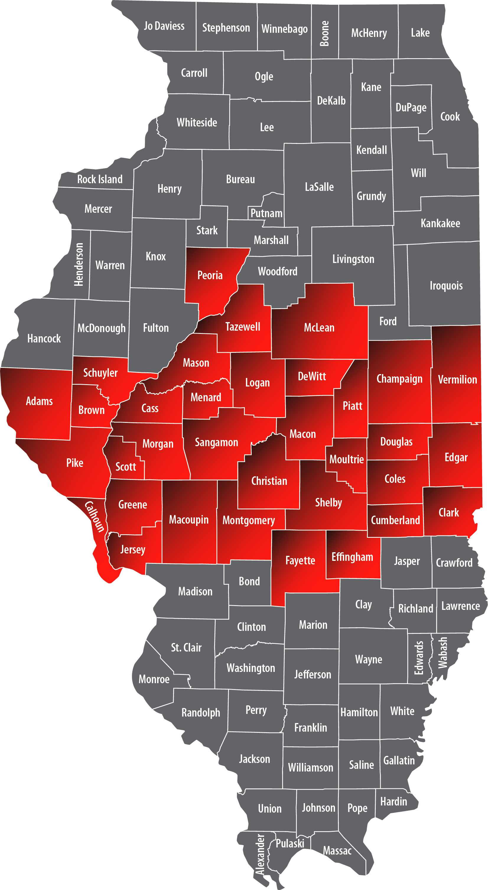 Map of Illinois with 34 IL counties highlighted